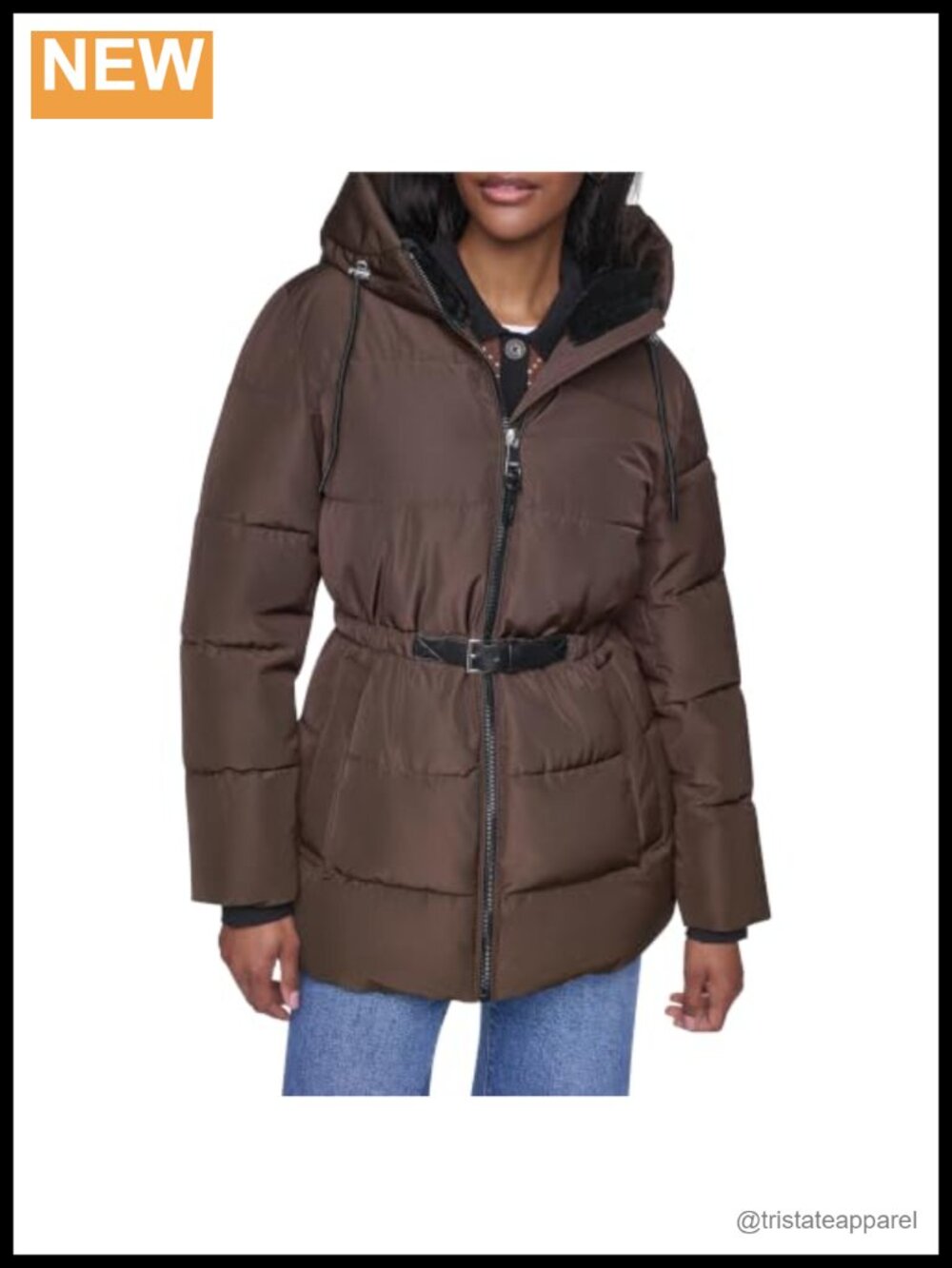 Water-Resistant Nylon Belted Hooded Puffer Coat with Zip Closure